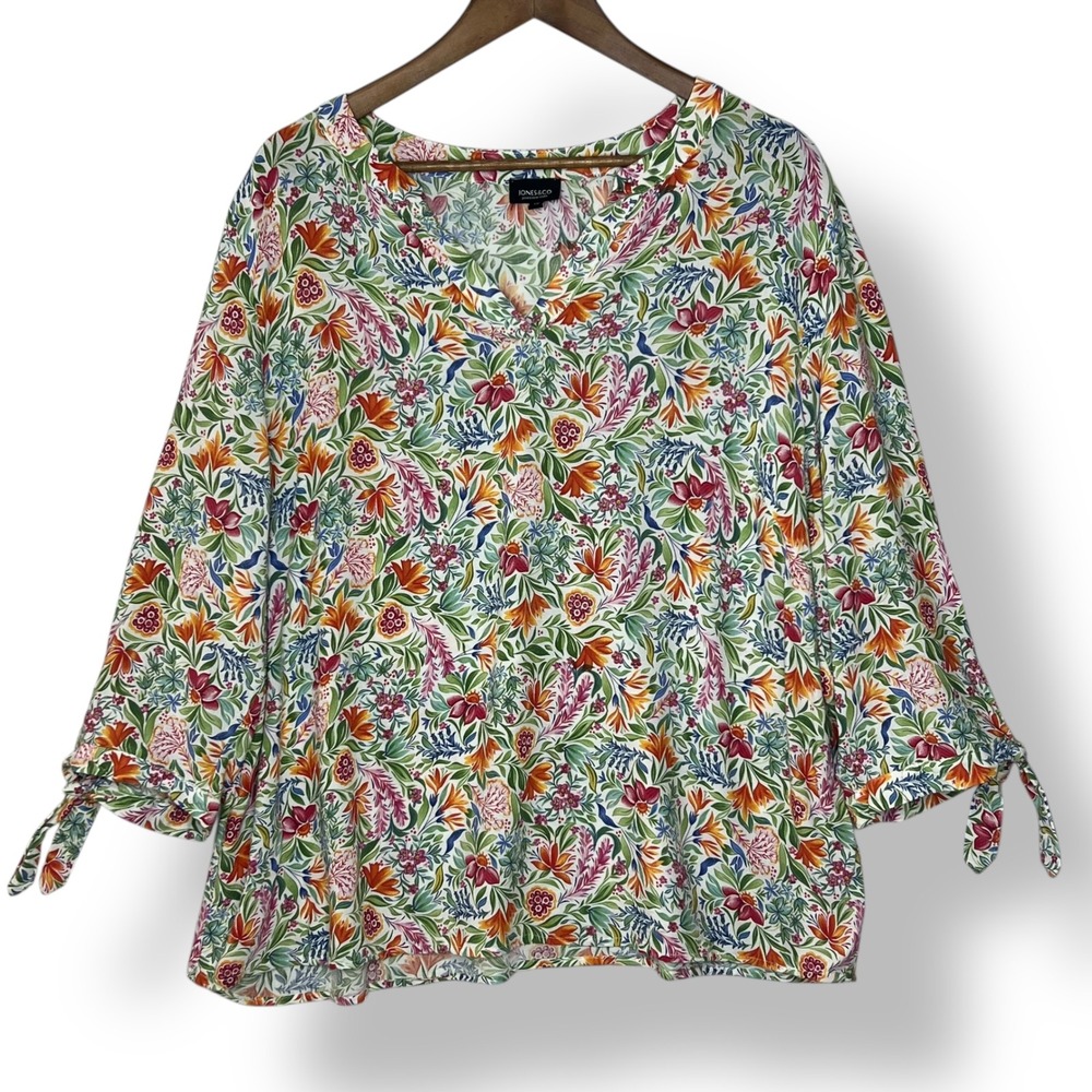 Jones & Co New York 1X Floral V Neck Tie‎ Sleeve Blouse Top Rayon Spring Flowy